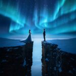 Almost Yours And Mine by Luke Ai Music artwork showing a couple standing on separate cliffs beneath glowing northern lights symbolizing love that almost happened