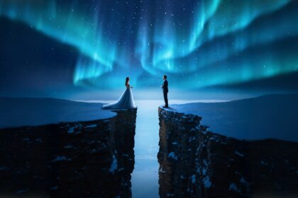 Almost Yours And Mine by Luke Ai Music artwork showing a couple standing on separate cliffs beneath glowing northern lights symbolizing love that almost happened