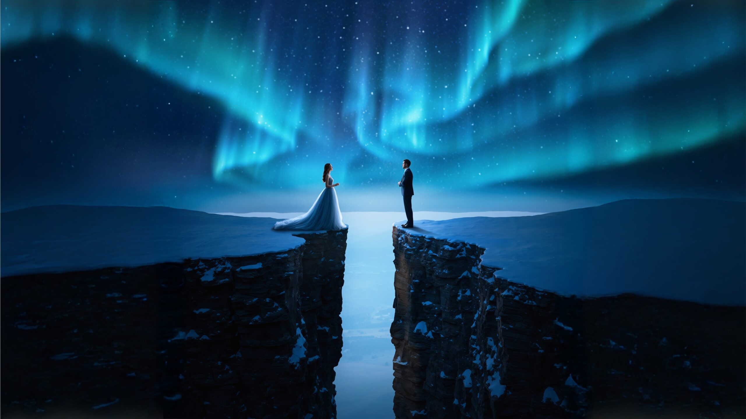 Almost Yours And Mine by Luke Ai Music artwork showing a couple standing on separate cliffs beneath glowing northern lights symbolizing love that almost happened