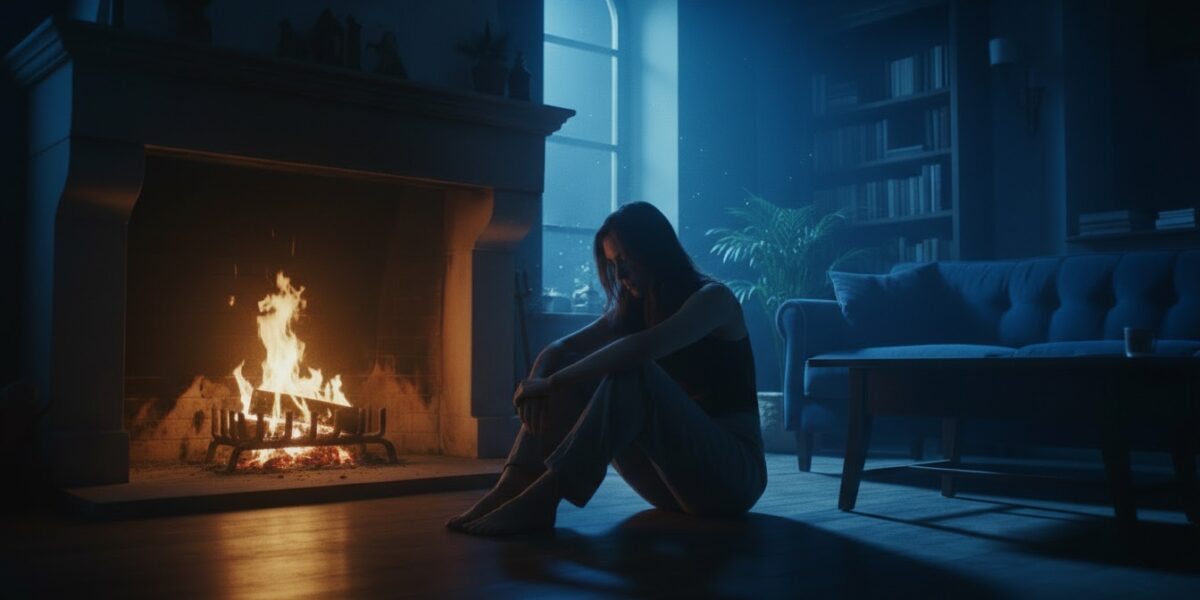 Late night fireplace with glowing embers and emotional female vocal music livestream