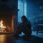 Late night fireplace with glowing embers and emotional female vocal music livestream