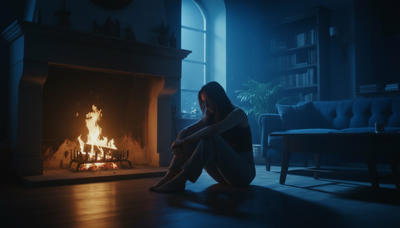 Late night fireplace with glowing embers and emotional female vocal music livestream