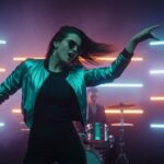 Express Yourself by Luke Ai Music artwork showing a confident dancer performing under neon stage lights with a live band in a vibrant dance pop atmosphere