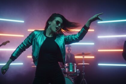 Express Yourself by Luke Ai Music artwork showing a confident dancer performing under neon stage lights with a live band in a vibrant dance pop atmosphere