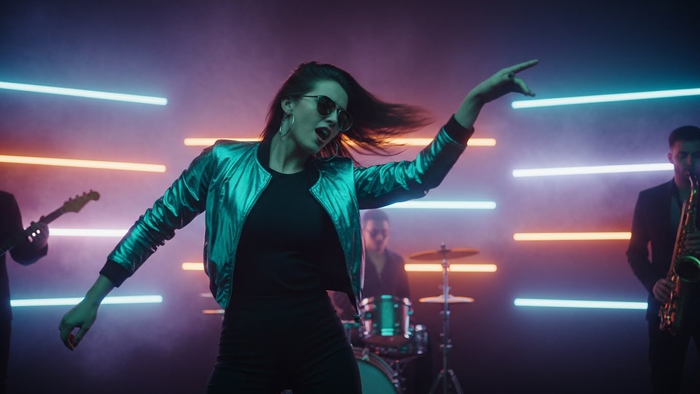 Express Yourself by Luke Ai Music artwork showing a confident dancer performing under neon stage lights with a live band in a vibrant dance pop atmosphere