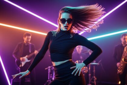 Feel It Lock by Luke Ai Music artwork showing a confident dancer performing under neon lights with a live band in a vibrant disco and house music atmosphere