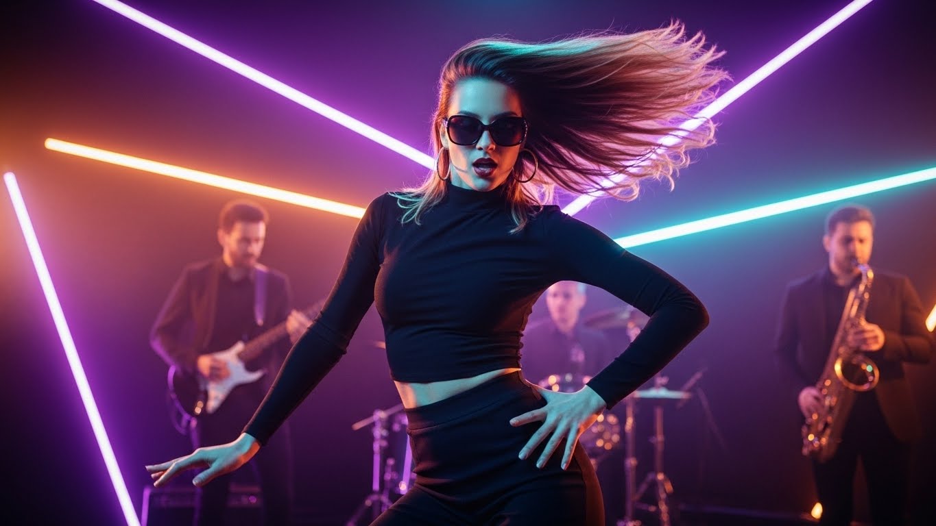 Feel It Lock by Luke Ai Music artwork showing a confident dancer performing under neon lights with a live band in a vibrant disco and house music atmosphere