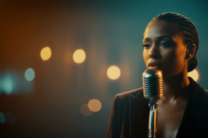 soulful microphone performance visual for the song Keep Breathing by Luke Ai Music with warm retro soul atmosphere