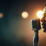 cinematic late-night microphone performance visual for Late Call by Luke Ai Music with atmospheric indie R&B lighting