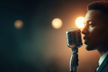 cinematic late-night microphone performance visual for Late Call by Luke Ai Music with atmospheric indie R&B lighting