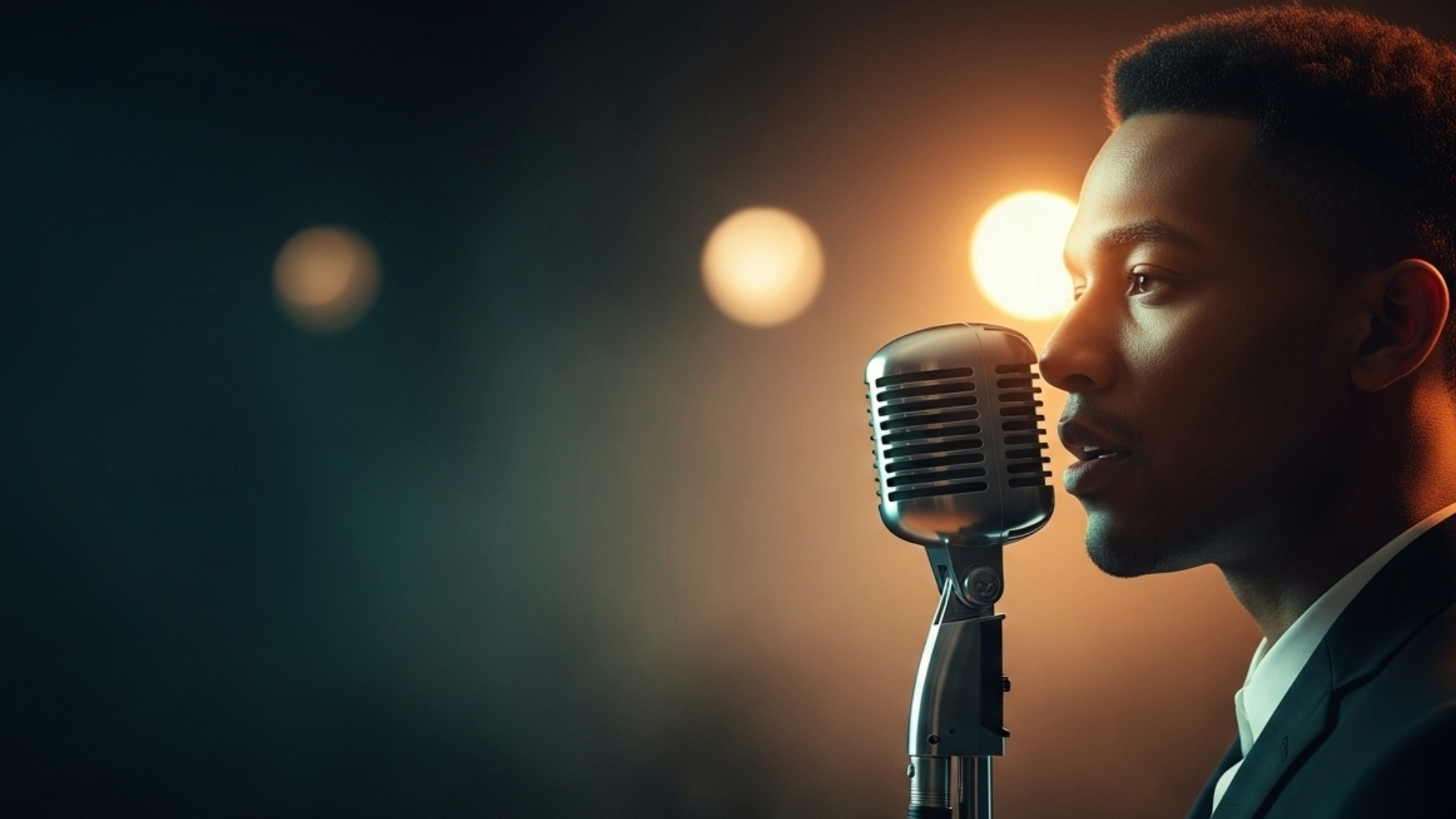 cinematic late-night microphone performance visual for Late Call by Luke Ai Music with atmospheric indie R&B lighting