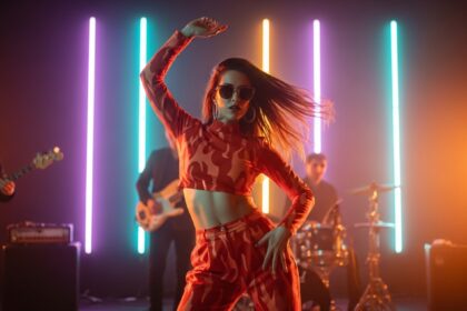 On Fire by Luke Ai Music artwork showing a confident performer dancing under colorful neon stage lights with a live band