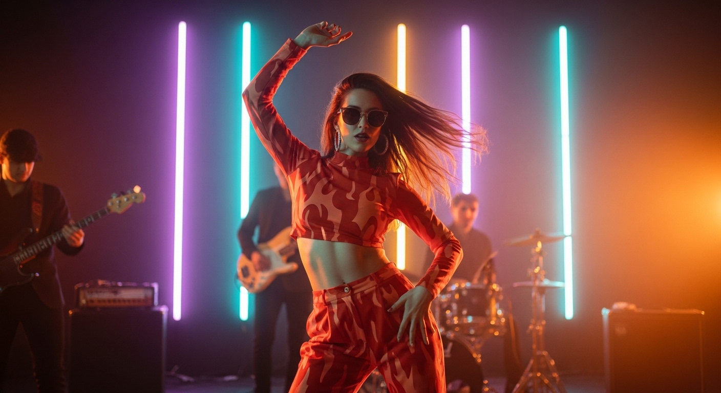 On Fire by Luke Ai Music artwork showing a confident performer dancing under colorful neon stage lights with a live band