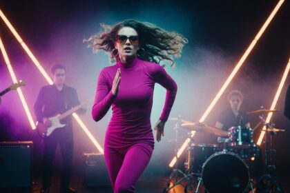 Right Now by Luke Ai Music artwork showing a confident performer dancing on stage under neon lights with a live band