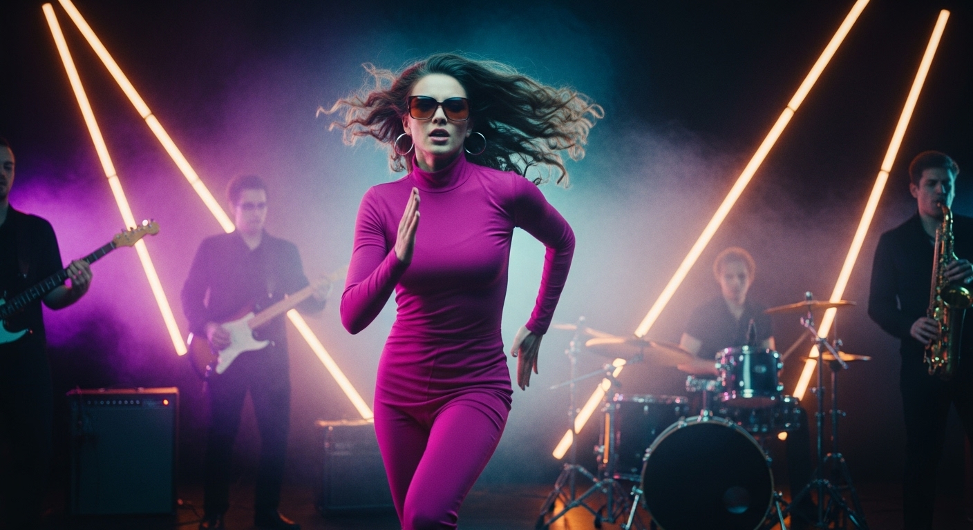 Right Now by Luke Ai Music artwork showing a confident performer dancing on stage under neon lights with a live band