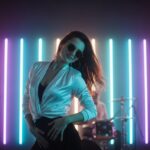 Right Here by Luke Ai Music artwork showing a confident performer dancing on stage under colorful neon light bars with a live band