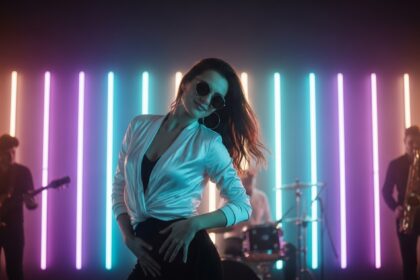 Right Here by Luke Ai Music artwork showing a confident performer dancing on stage under colorful neon light bars with a live band