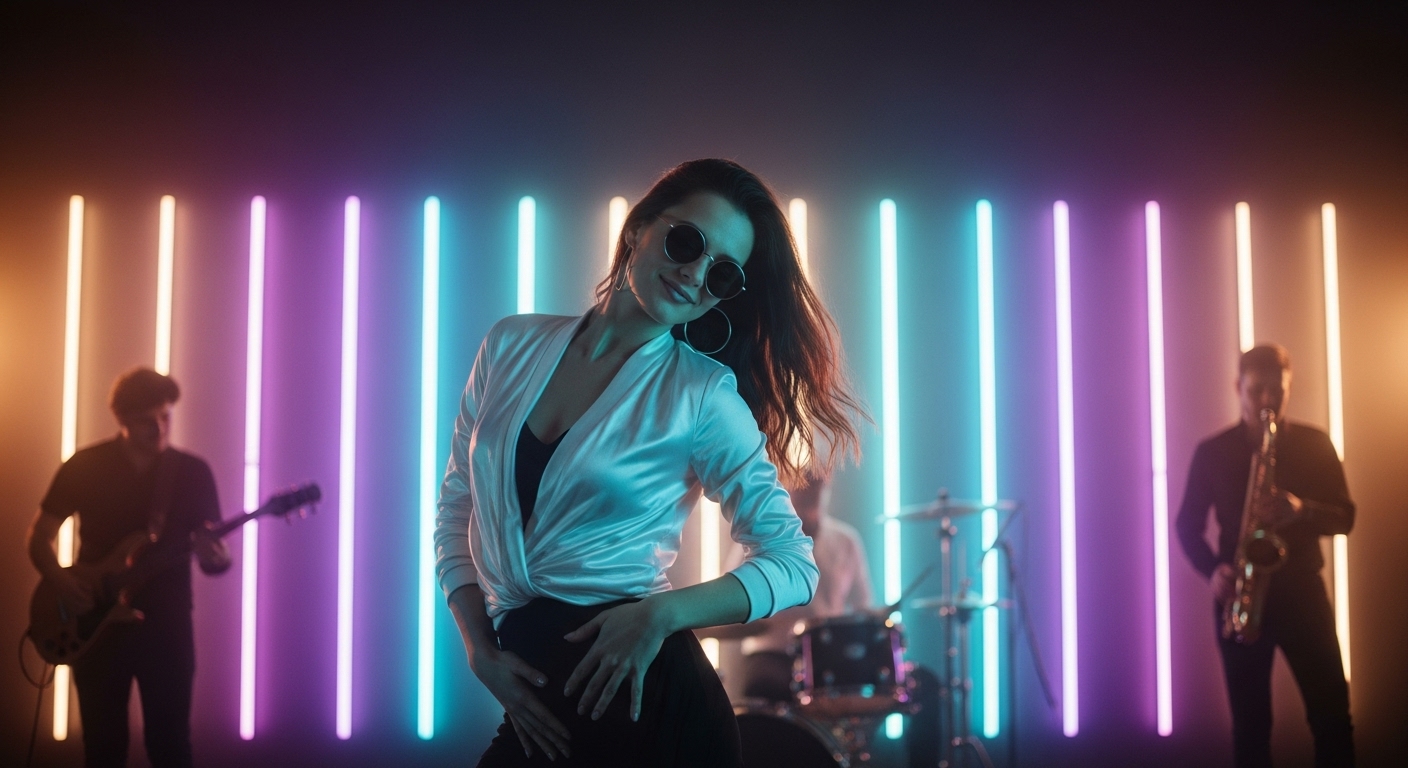 Right Here by Luke Ai Music artwork showing a confident performer dancing on stage under colorful neon light bars with a live band