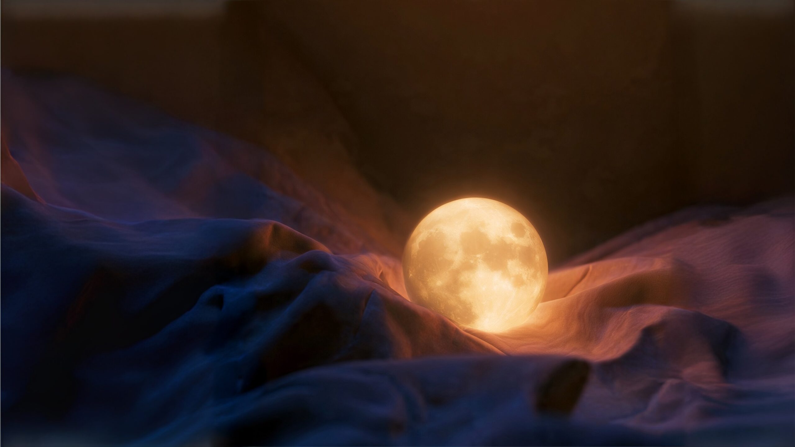 Soft Place to Land by Luke Ai Music artwork showing a glowing moon resting in soft flowing fabric symbolizing calm, healing, and emotional comfort