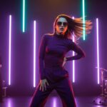 Still Standing by Luke Ai Music artwork showing a confident performer dancing under colorful neon stage lights with a live band