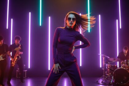 Still Standing by Luke Ai Music artwork showing a confident performer dancing under colorful neon stage lights with a live band