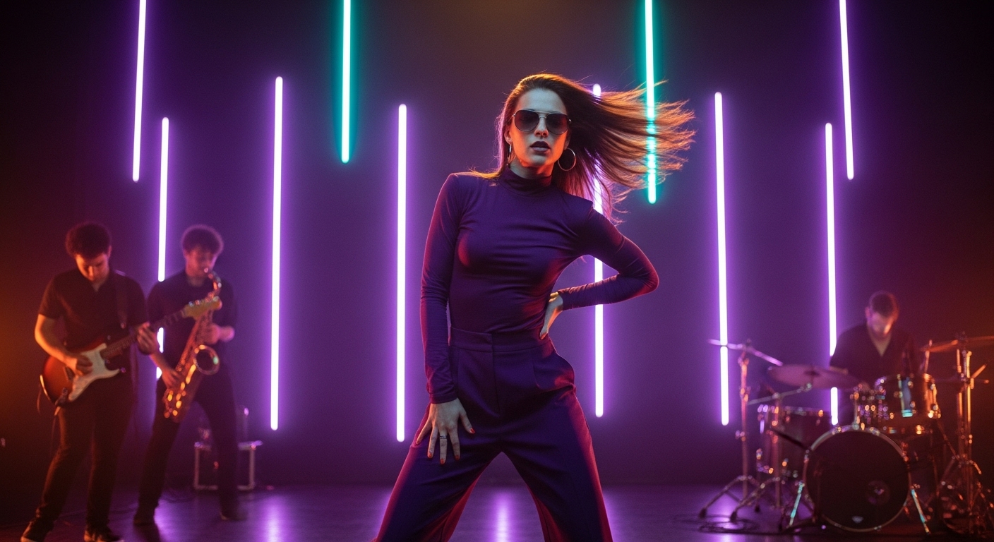 Still Standing by Luke Ai Music artwork showing a confident performer dancing under colorful neon stage lights with a live band