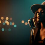 moody vintage microphone performance visual for The Distance Between Us by Luke Ai Music with warm cinematic neo-soul atmosphere