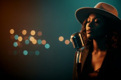 moody vintage microphone performance visual for The Distance Between Us by Luke Ai Music with warm cinematic neo-soul atmosphere