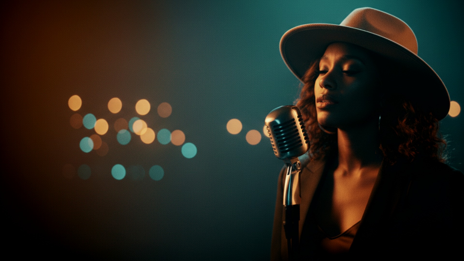 moody vintage microphone performance visual for The Distance Between Us by Luke Ai Music with warm cinematic neo-soul atmosphere