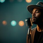 cinematic microphone performance visual for Unspoken Weight by Luke Ai Music with atmospheric contemporary R&B lighting