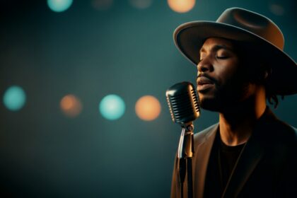 cinematic microphone performance visual for Unspoken Weight by Luke Ai Music with atmospheric contemporary R&B lighting