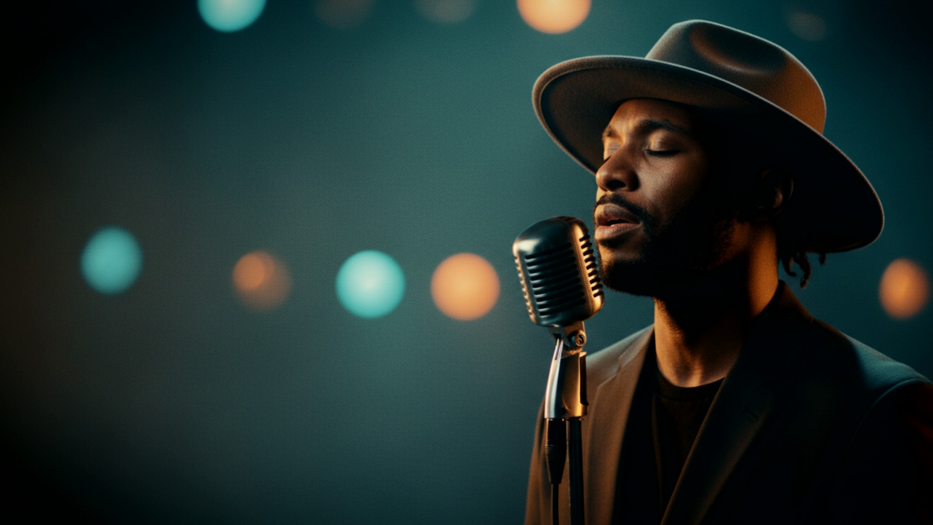 cinematic microphone performance visual for Unspoken Weight by Luke Ai Music with atmospheric contemporary R&B lighting