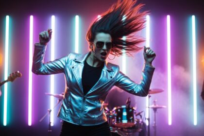 Unstoppable by Luke Ai Music artwork showing a confident performer dancing under colorful neon stage lights with a live band