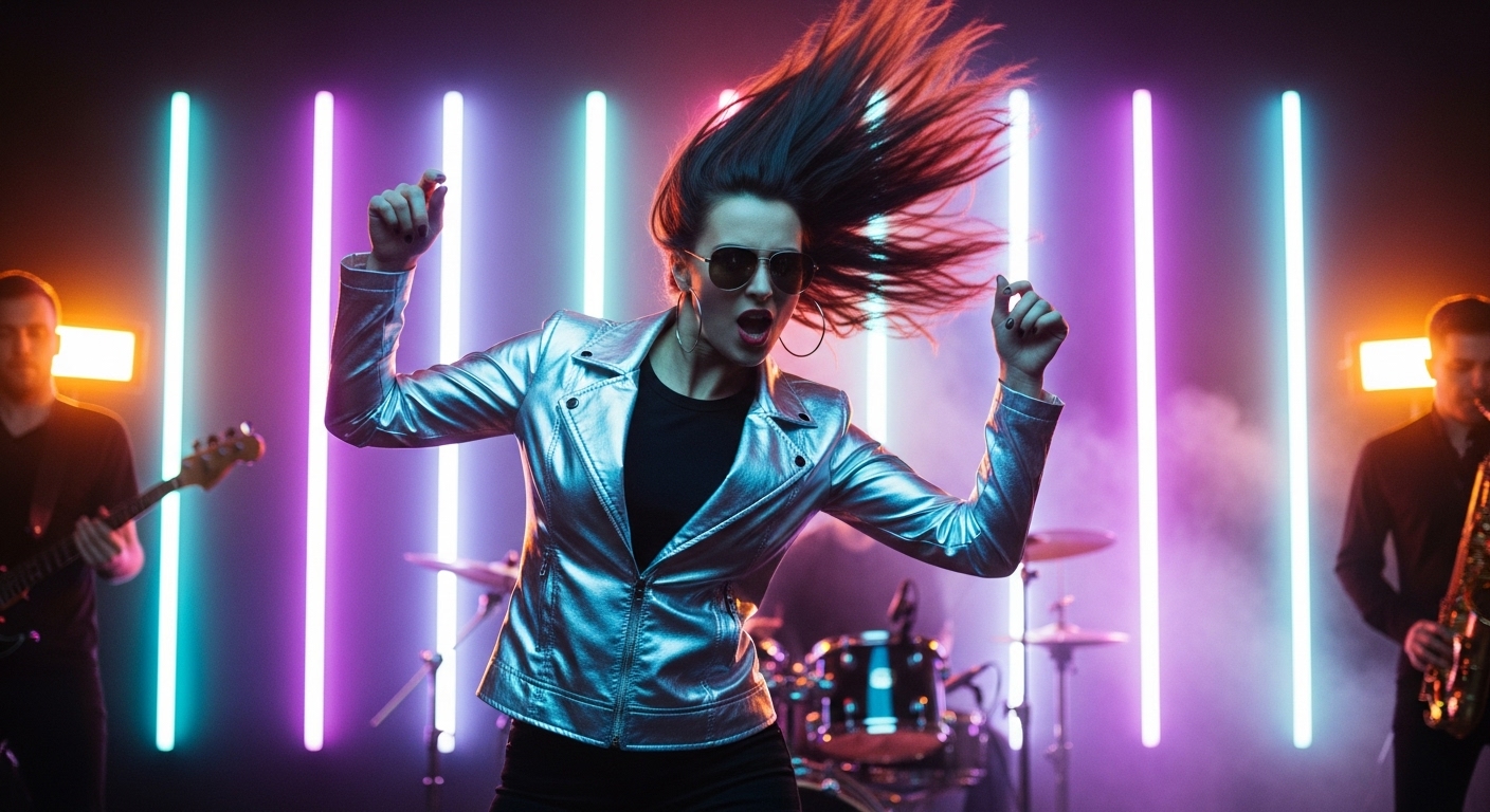 Unstoppable by Luke Ai Music artwork showing a confident performer dancing under colorful neon stage lights with a live band