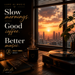 Slow mornings, good coffee, and better music wallpaper featuring a vinyl record player, coffee mug, sunrise city view, and Daily Vibes #001 by Luke Ai Music.