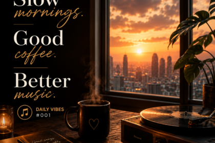 Slow mornings, good coffee, and better music wallpaper featuring a vinyl record player, coffee mug, sunrise city view, and Daily Vibes #001 by Luke Ai Music.