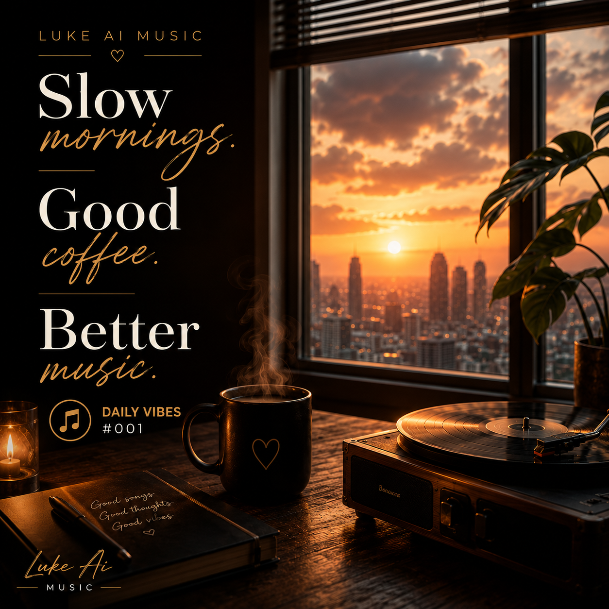Slow mornings, good coffee, and better music wallpaper featuring a vinyl record player, coffee mug, sunrise city view, and Daily Vibes #001 by Luke Ai Music.