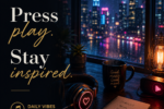 Neon headphones glowing on a desk overlooking a rainy city skyline with the quote "Press Play. Stay Inspired." from Luke Ai Music Daily Vibes #002.