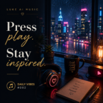 Neon headphones glowing on a desk overlooking a rainy city skyline with the quote "Press Play. Stay Inspired." from Luke Ai Music Daily Vibes #002.
