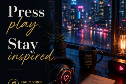 Neon headphones glowing on a desk overlooking a rainy city skyline with the quote "Press Play. Stay Inspired." from Luke Ai Music Daily Vibes #002.
