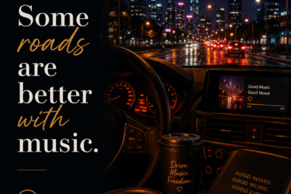 A neon-lit sports car driving through a city at night beneath the quote "Some Roads Are Better With Music." from Luke Ai Music Daily Vibes #003.