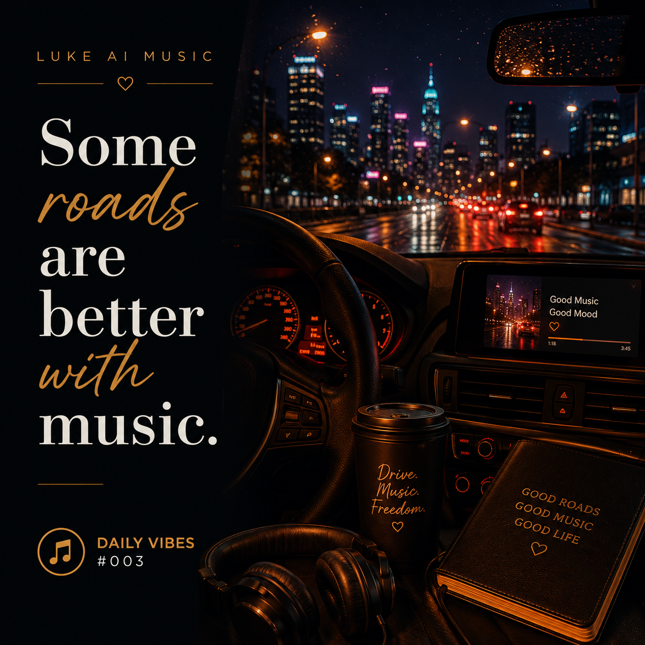 A neon-lit sports car driving through a city at night beneath the quote "Some Roads Are Better With Music." from Luke Ai Music Daily Vibes #003.