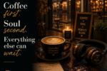 A cozy café scene with a warm cup of coffee, headphones, and soft morning light featuring the quote "Coffee First. Soul Second. Everything Else Can Wait." from Luke Ai Music Daily Vibes #005.