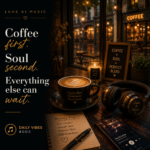 A cozy café scene with a warm cup of coffee, headphones, and soft morning light featuring the quote "Coffee First. Soul Second. Everything Else Can Wait." from Luke Ai Music Daily Vibes #005.