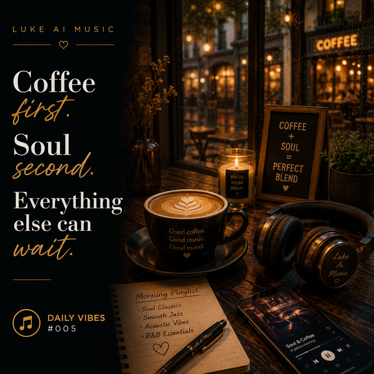 A cozy café scene with a warm cup of coffee, headphones, and soft morning light featuring the quote "Coffee First. Soul Second. Everything Else Can Wait." from Luke Ai Music Daily Vibes #005.