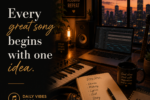 A modern music studio with a keyboard, headphones, notebook, and warm ambient lighting featuring the quote "Every Great Song Begins with One Idea." from Luke Ai Music Daily Vibes #006.