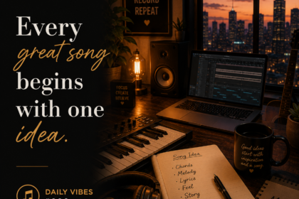 A modern music studio with a keyboard, headphones, notebook, and warm ambient lighting featuring the quote "Every Great Song Begins with One Idea." from Luke Ai Music Daily Vibes #006.