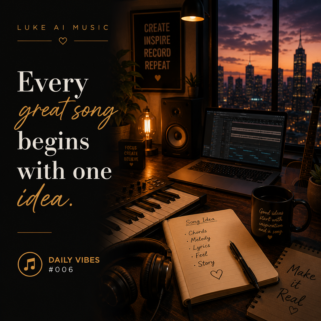 A modern music studio with a keyboard, headphones, notebook, and warm ambient lighting featuring the quote "Every Great Song Begins with One Idea." from Luke Ai Music Daily Vibes #006.