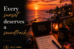 A golden sunset over the ocean with a portable speaker and warm evening light featuring the quote "Every Sunset Deserves a Soundtrack." from Luke Ai Music Daily Vibes #007.