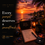 A golden sunset over the ocean with a portable speaker and warm evening light featuring the quote "Every Sunset Deserves a Soundtrack." from Luke Ai Music Daily Vibes #007.